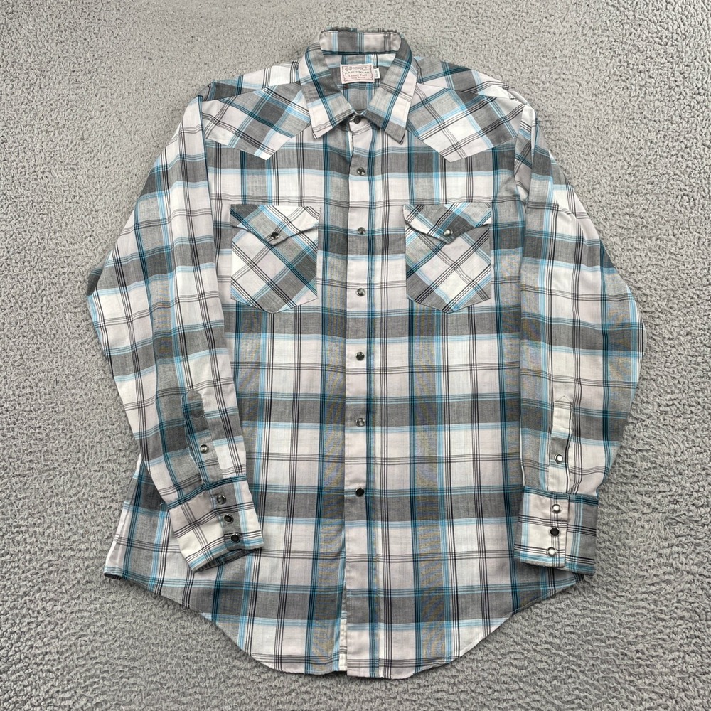 H Bar C Western Shirt Mens 16.5 Blue Plaid Long Tail Pearl Snap Vintage USA